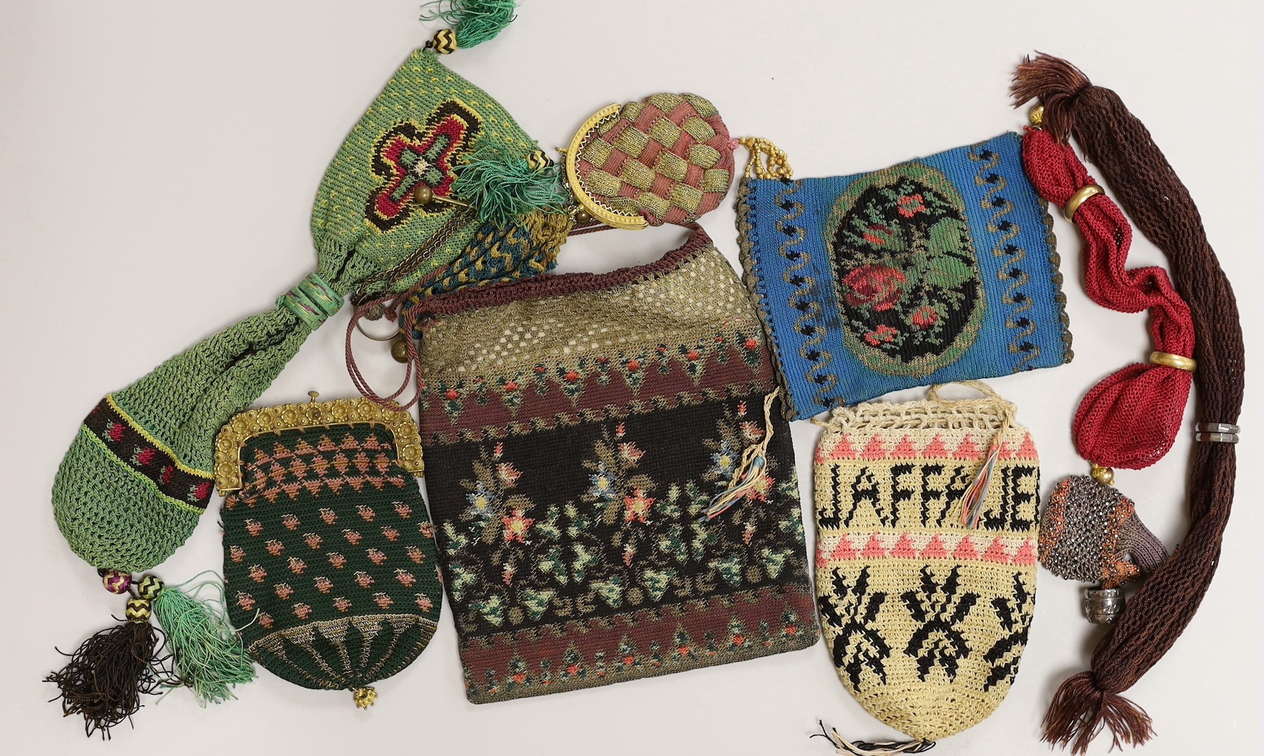 Three finely crocheted misters purses, six various shaped and sized purses and a finely crochet draw string bible bag (10).